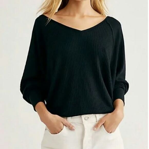 Free People Tops - Free People Santa Clara Thermal Top Shirt Black Slouchy V-Neck L New
